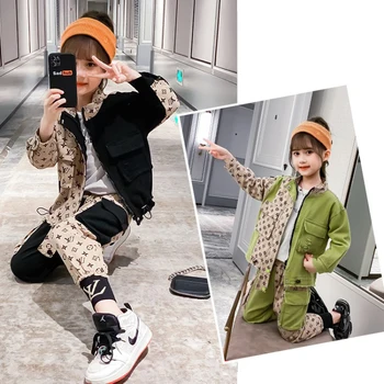 

teenager baby kids girl Clothes winter Autumn splicing asymmetric jacket + florid skinny pants hip hop 4 5 6 7 8 9 10 11 12 Year