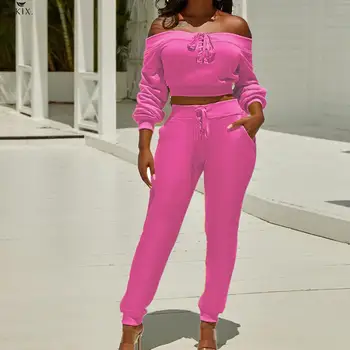 

Tracksuit Women Set Suits Sexy Long Sleeve Off Shoulder Two Piece Set Top And Pants Sweat Suits Women Club Outfits Matching Sets