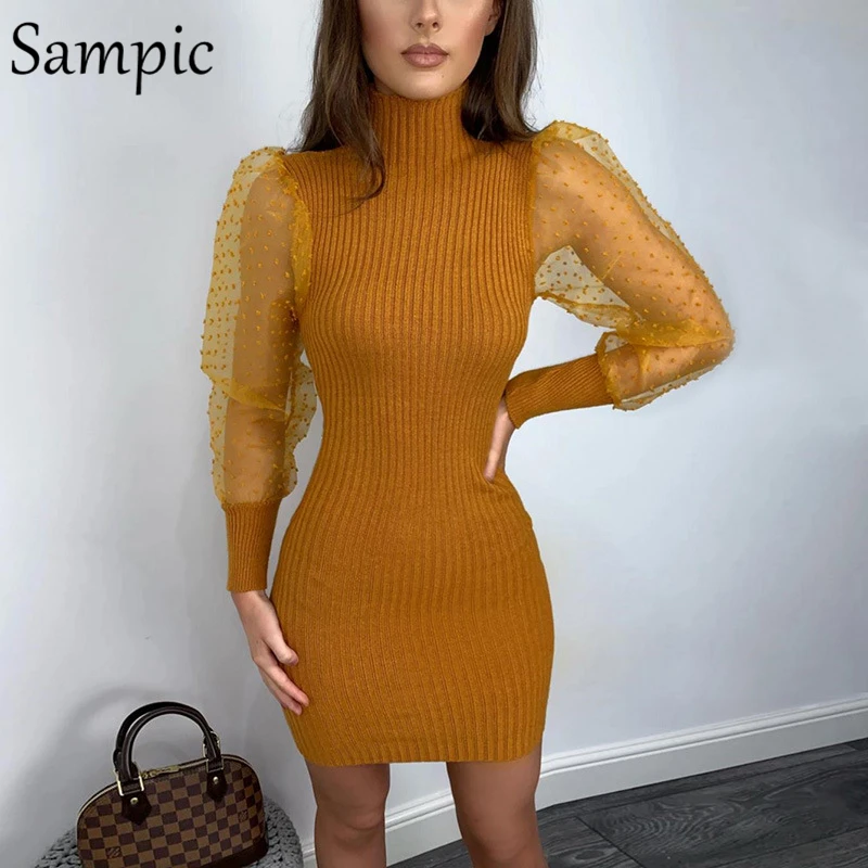 Sampic woman polka dot turtleneck casual party puff mesh long sleeve dress bodycon mini knitted sweater dress autumn winter - Цвет: Yellow