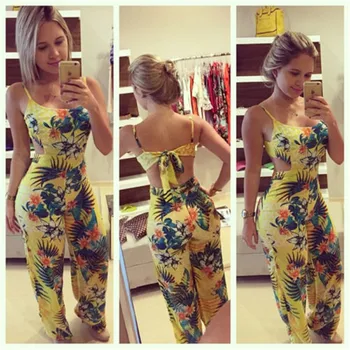 

Casual floral strap ruffles playsuits backless rompers women sets high waist 2018 summer beach female long pants jumpsuit outfit