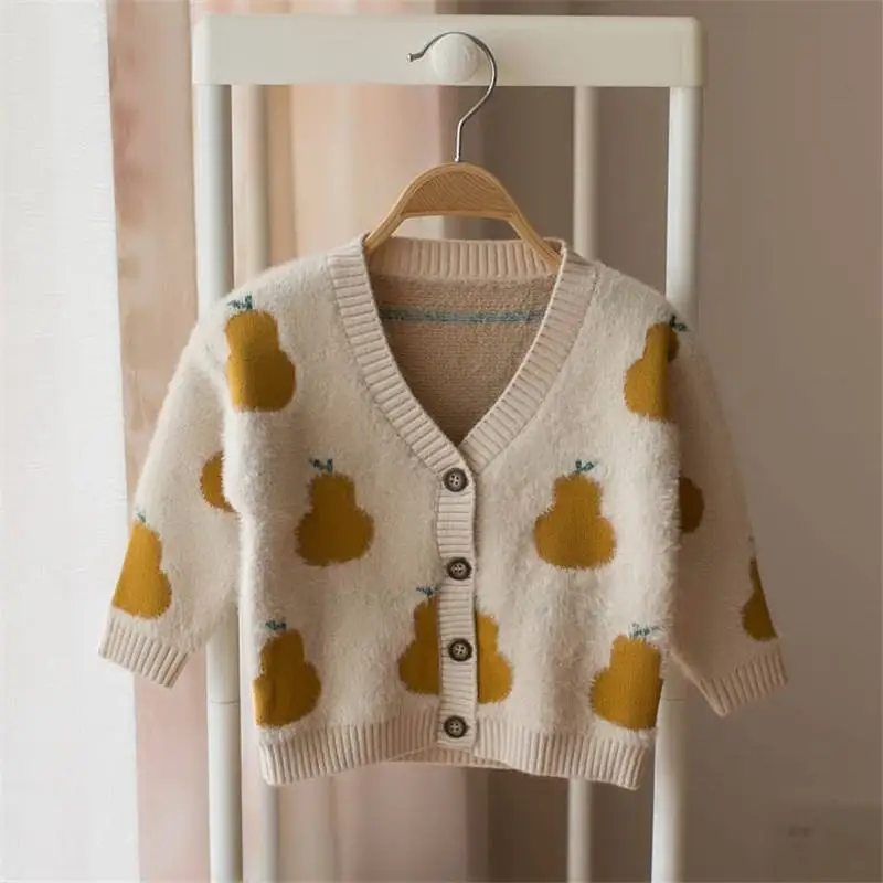 Spring Autumn Baby Boys Faux Mink Fur Knitted Cardigan Sweater Boys Pear Printed Jacket Children Outerwear Clothing F125
