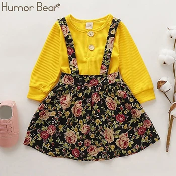 

Humor Bear 2019 New Toddler Christmas Outfits Long Sleeve Button Solid Color Top + Floral Strap Short Skirt Set Kids Outfits