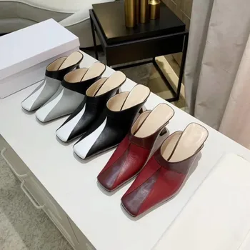 

Slipper Women Genuine Leather Mules Shoes Square Toe Brand High Heel Summer Slipper Designer Slides Ladies Pumps 2020 Original