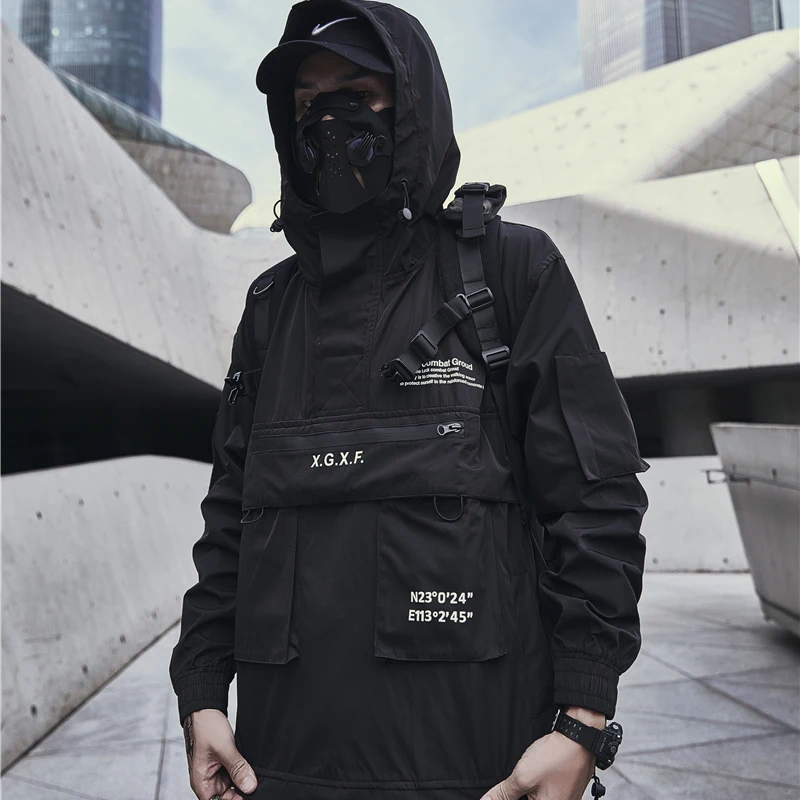 Techwear Jacket for Men Spring Streetwear Black Hooded Waterproof Windbreaker 1