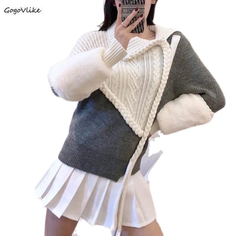 ^Cheap Asymmetric Patchwork Hit Color Knitting Cardigan Female Lapel Long Sleeve Casual Autumn Sweaters For Women Fashion 2019 SA112S30