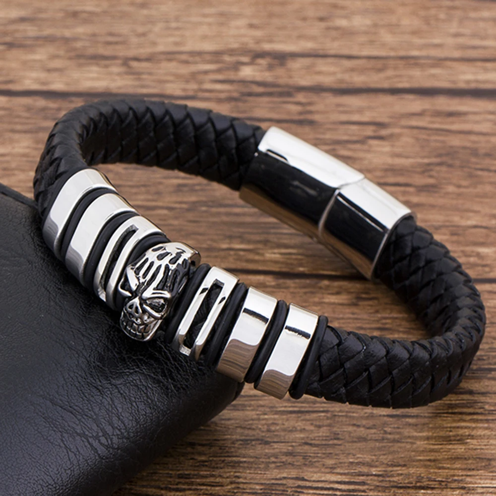 Aokarry Leather Bracelets for Men Skull Two-ends Weave Black