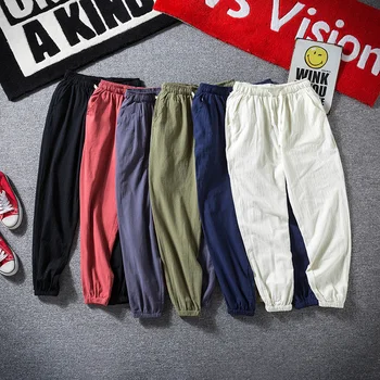 

USUROM Harajuku Cotton Linen Pants Men 2020 New Summer Lightweight Solid Elastic Waist Ankle-Length Pants Men Off White Pants