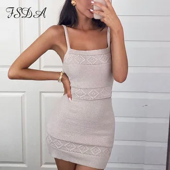 

FSDA Spaghetti Strap Beach Summer Knitted Dress Elegant Sexy Mini Women Sundress Black White Bodycon Party Dresses Casual