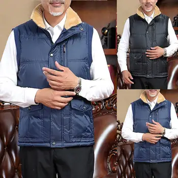 

Plus Size Men Winter Stand Color Fleece Lined Zipper Buttons Warm Waistcoat Thermal Soft Vests Mens Windproof Sleeveless Jacket