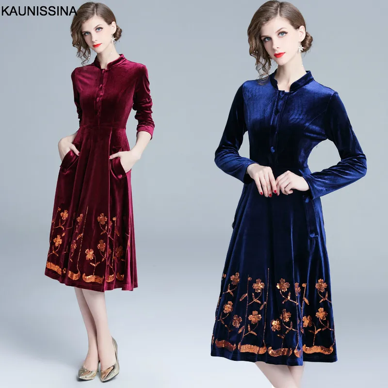 KAUNISSINA осенне-зимнее винтажное коктейльное платье женские бархатные платья Женская футболка с длинными рукавами и блестками Вышивка Вечерние Vestido коктейльные