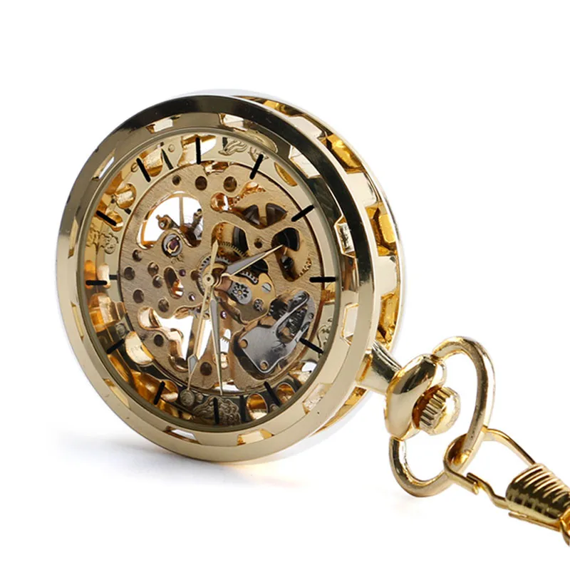 Bronze Hand Wind Mechanical Pocket Watch Gold Transparent Skeleton Fob Chain Antique Clock Luminous Hands Gift for Men Women