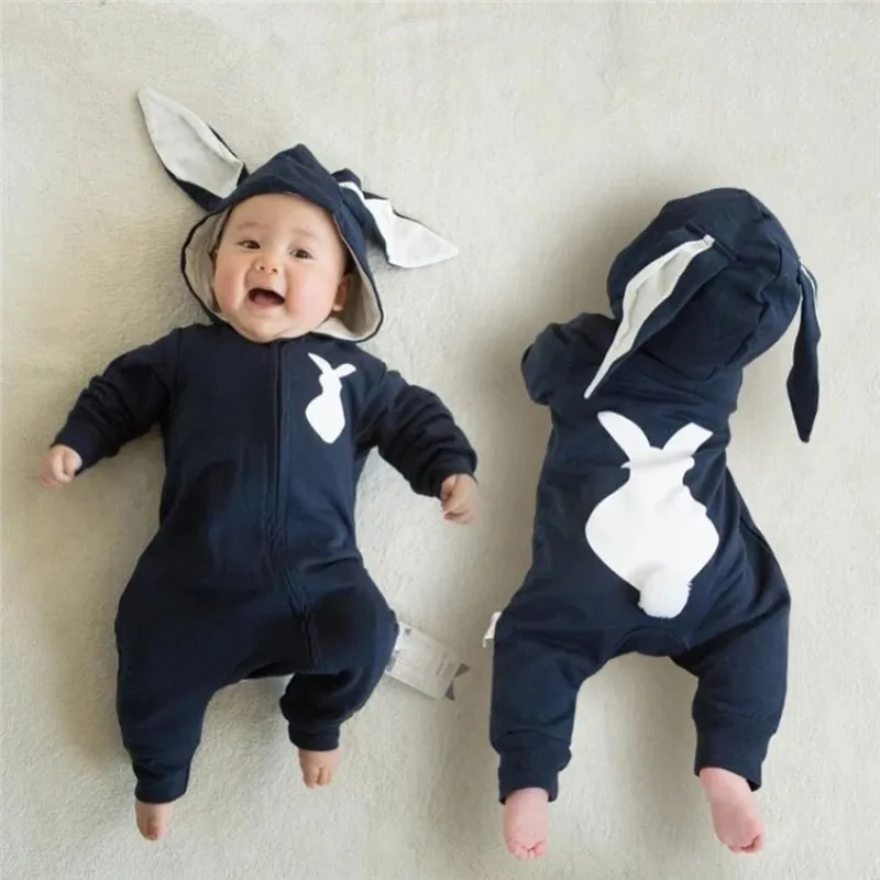 

2019 Baby Onesie Autumn And Winter Rabbit Ear yin hua kuan Zip-up Hooded Long-Sleeve Romper Crawling Clothes