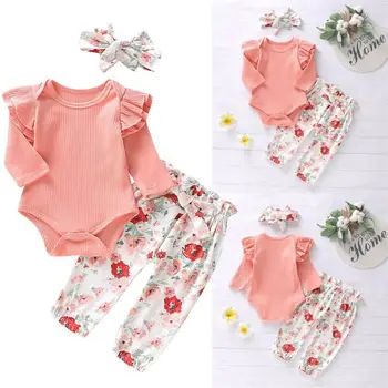 

Baby Mädchen Langarm Red Romper Floral Hose Stirnband 3 Stück Kleinkind Baumwolle Outfits Set für 0-24 Monate