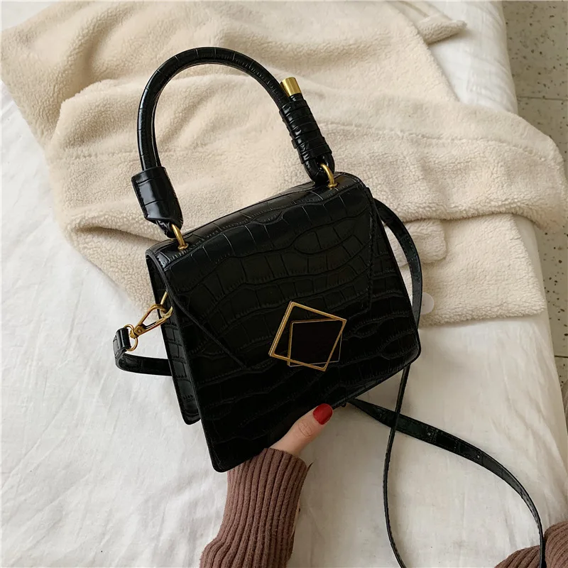 

2019 Winter New Style WOMEN'S Bag Simple Solid Color Square Sling Bag Crocodile Pattern Hand Trapezoid Shoulder Square Bag