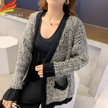 

Autumn Winter 2020 Oversized Cardigan Women Pockets Loose Gray Black Patchwork Knitted Cardigans Women Plus Size Outwear