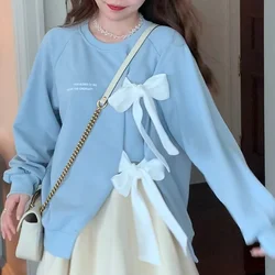 New Sweet Bandage Hoodies Oversized Women Autumn O-Neck Long Sleeve Tops Kawaii Bow Pullover Sweatshirts Woman