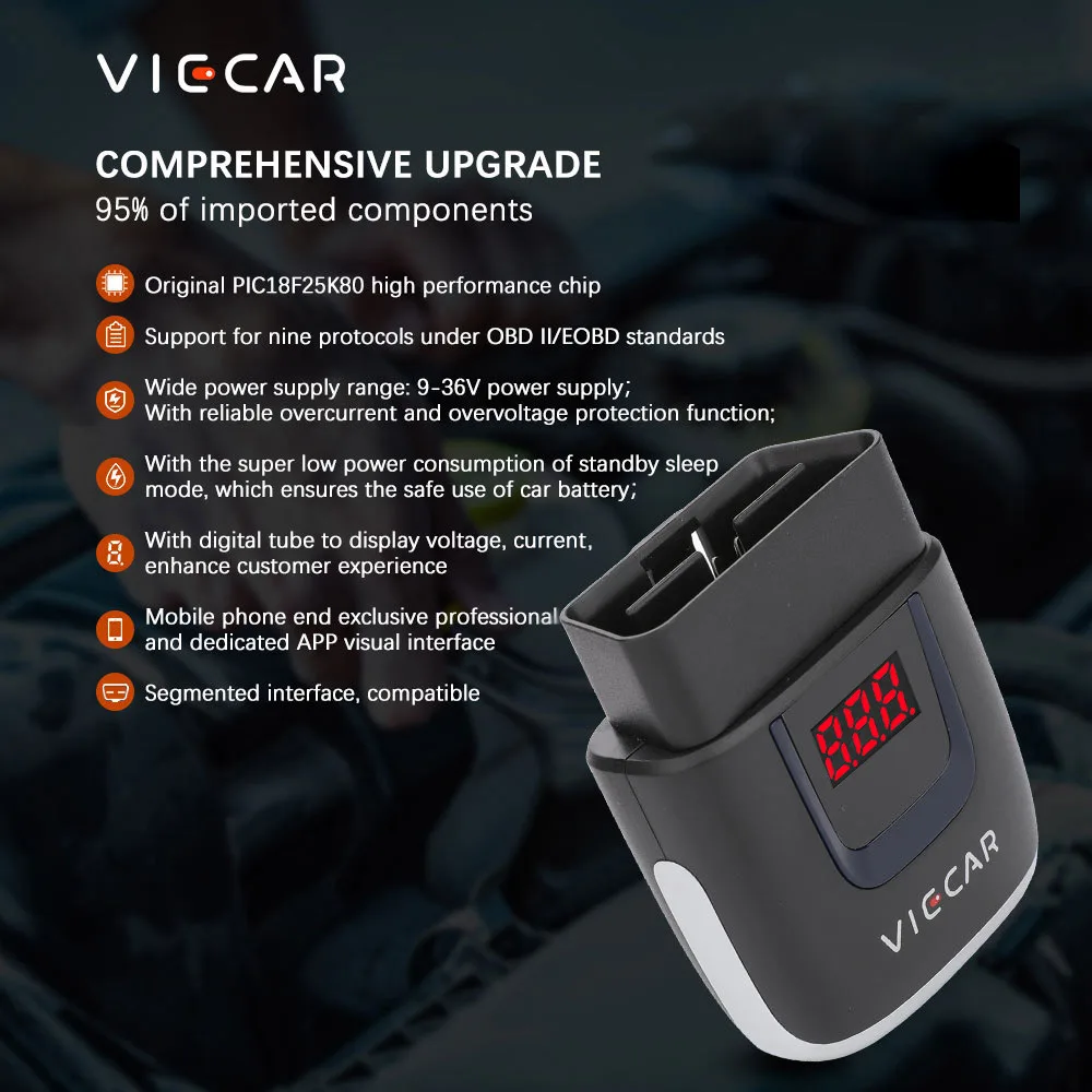 Диагностический сканер VIECAR OBD2 Elm327 V2.1 V2.2 V1.5 Bluetooth Wi-Fi Type-C подключение для iOS Android