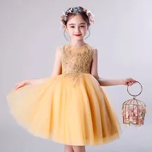 Элегантные вечерние платья для девочек с вышивкой золотыми кружевами; платье для первого причастия; детское праздничное платье для девочек; платье с цветочным узором для девочек на свадьбу