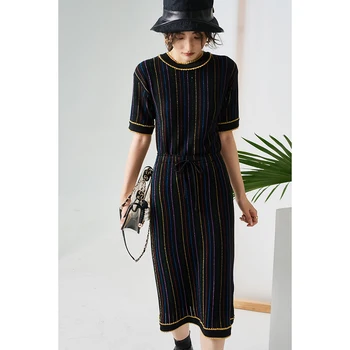 

2020 Summer Vintage 2 Pieces Set Women Short Sleeve Sweater Shirt+Mid-calf Skirt Runway Luxury Striped Brand Knitted Suits N031