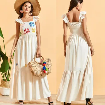 

Summer 2020 Women Ethnic embroidery Bohemiah Beach Camisole dress Muslim abaya Dress Kaftan Robe Turkey dubai caftan Abaya dress