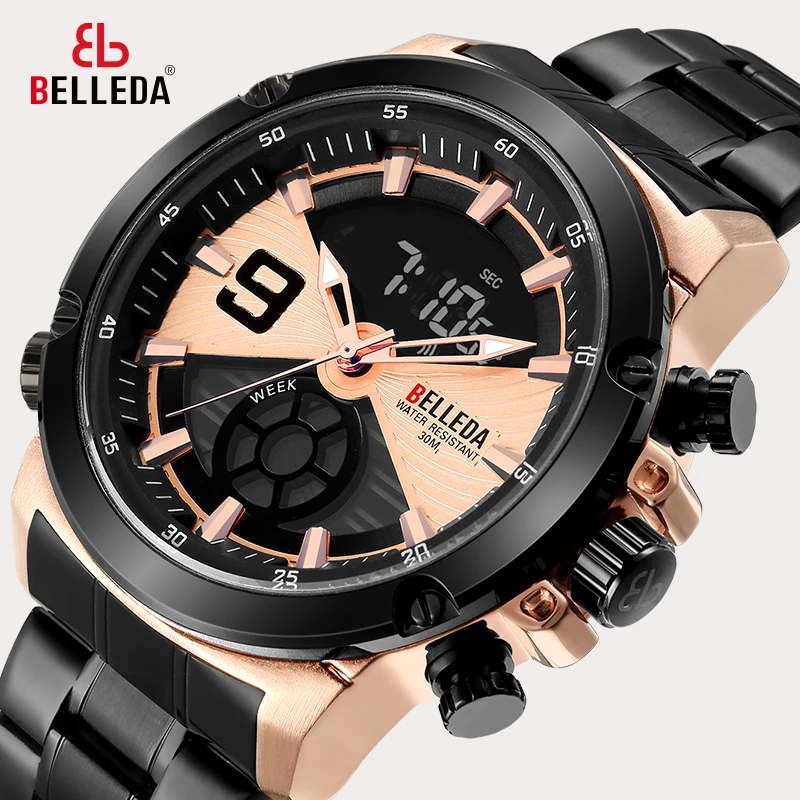 Fashion Luxury BELLEDA Brand Mens Sports Analog Dual Display Black Steel Quartz WristWatches Rose Gold Watch Men Watches Casual | Наручные