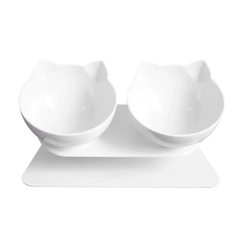 

Pet Double Bowls Feeding Device For Indoor Cat Ears Plastic Tilted Feeder, Easy To Clean