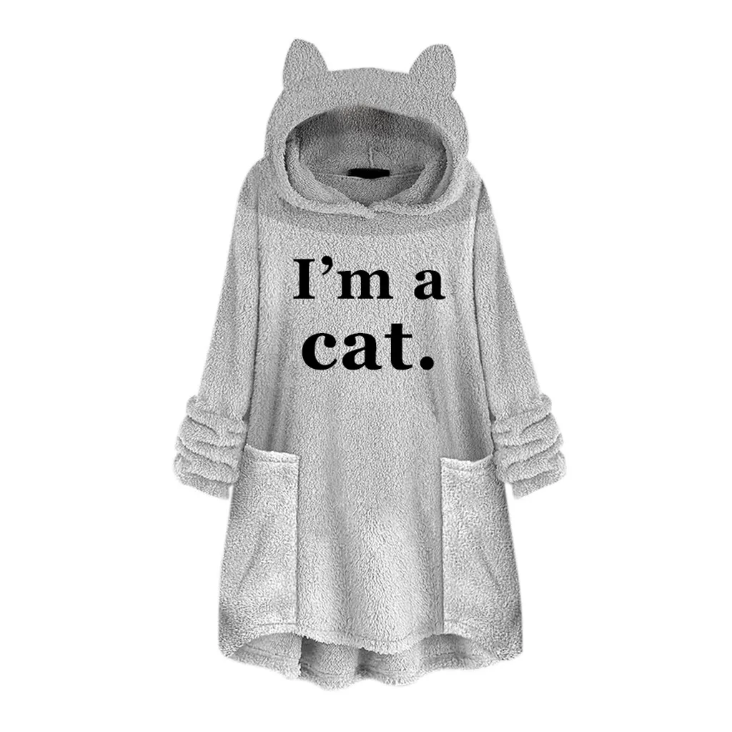 Серый Kawaii/Толстовка уличная одежда с кошачьими ушками; зимняя толстовка с капюшоном; женские флисовые куртки с карманами; плюшевое пальто с надписью «I Am A Cat» - Цвет: Серый