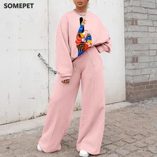 

Women Autumn Winter Elegant Print Tops Two-Piece Sets New Fashion Casual Sweatshirt And Wide Leg Pants Suit Streetwear Tracksuit