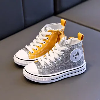 

Spring Summer girls canvas shoes baby denim shoes kids high cut shoes children shoes lacing up glitter ab patch 1 to 7 yrs