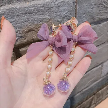 

SexeMara New Korean Sweet Purple Crystal Yarn Bowknot Heart Long Drop Earrings for Women Fashion Holiday Party Jewelry