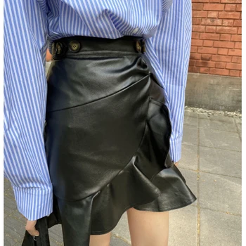 

Pu Leather Black Skirt Women Elegant Vintage High Waist Ruffles Punk Bodycon Pencil Skirt Mujer Summer 2020 Korean Chic