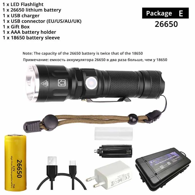 Водонепроницаемый XHP50 светодиодный тактический фонарь с 5 режимами освещения, масштабируемый фонарь с батареей 18650 или 26650 для активного отдыха - Испускаемый цвет: Package E-26650