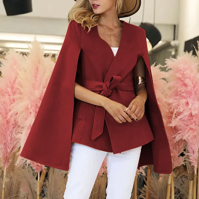 

Women Autumn Winter Solid Sexy V Neck Slim Bandage Woolen Long Sleeve Outwear Ladies Casual Elegant Streetwear Warm Coat SJ4306M