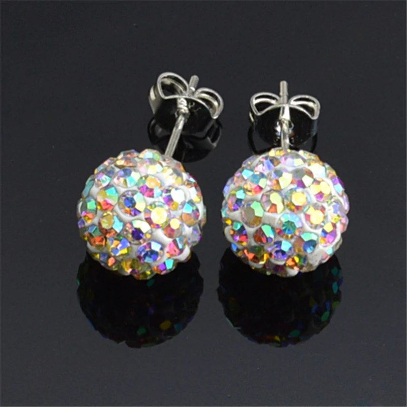 Rhinestone Stud Crystal Ball Colorful Silver Earrings Women 10mm Red Rhinestone Crystal Ball Pave Beads 24 Colors AB White