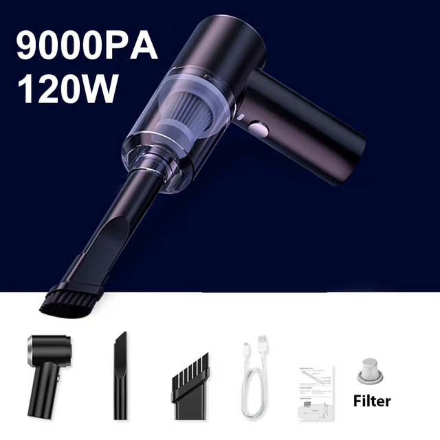9000pa Car Vacuum Cleaner Mini Gun style Cleaner Cordless 120W Handheld Portable Vacuum Cleaner For Auto Interior Home appliance XCQ-103-black