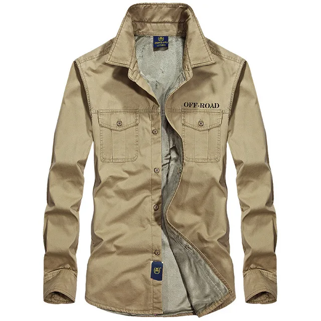 Men Winter Warm Military Tactical Cargo Shirts Men's Casual Autumn Flannel Thick Winter Warm Long Sleeve Fleece Shirts S-4XL - Цвет: Khaki Fleece