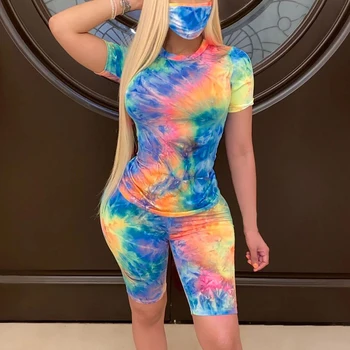 

3 Pieces Set Summer Tie-dye Women Sets Top Short Sleeve Shorts Bodysuits Sexy 2020 New Print Fashion Pajamas For Adults