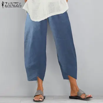 

2020 Summer Solid Long Trousers ZANZEA Denim Blue Asymmetrical Pants Women Vintage Casual Elastic Waist Harem Pantalons Pants