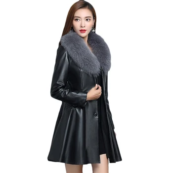 

2020 new design Big Fur Collar Women PU Leather Jacket Winter Plus Size 6XL Autumn Cotton Coat Slim Down Jacket