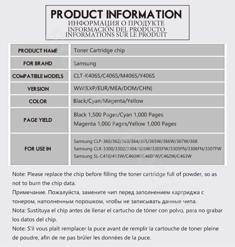 CLT-K406S 406 Toner Cartridge chip for samsung CLP-360 CLP-362 CLP-364 CLP-365 Xpress SL-C410W SL-C460W SL-C460FW CLX-3300 reset toner cartridge cartridge chip toner chip toner cartridge chip