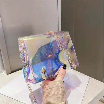 

Hot Sale Fashion Women Transparent Handbag Beach Bag Clear Jelly Purse Clutch PVC PU Tote Simple Chain Jelly Shoulder Bag