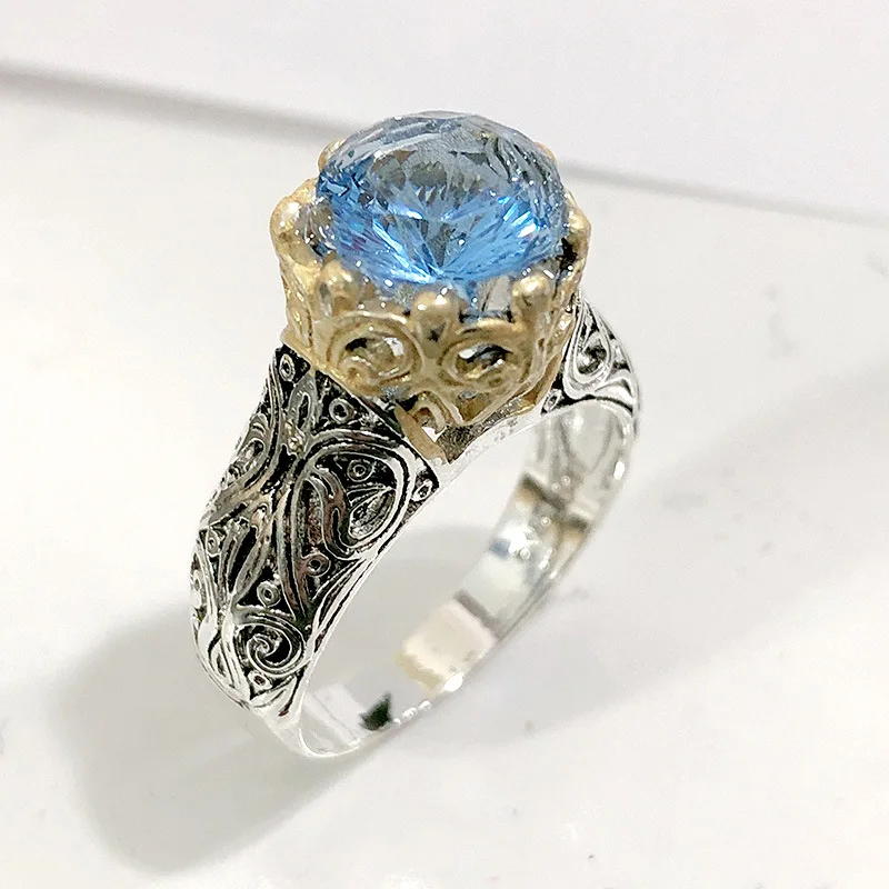 

Vintage Two Tone Carved Flower Ring Round Sea Blue Zircon Crystal Wedding Ring FOR Men Women Jewelry Lover's Gifts