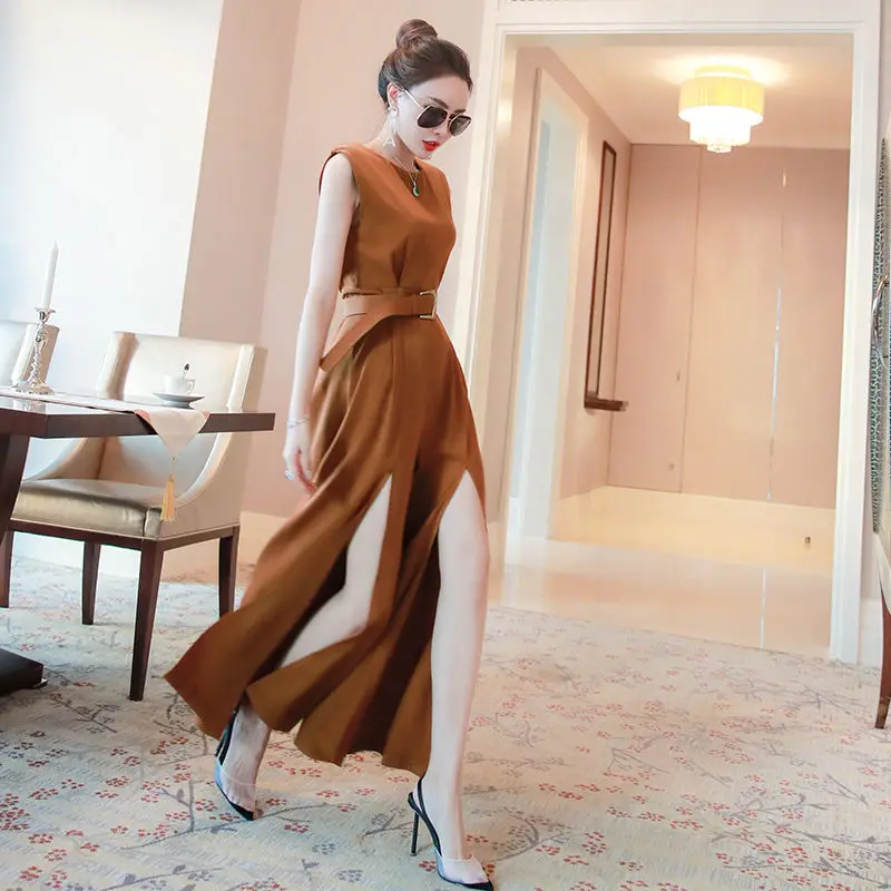 

Female Summer sleeveless Loose Jumpsuit Elegant Fashion with belt office lady wide leg Trousers Women Long Pants Overalls jk195