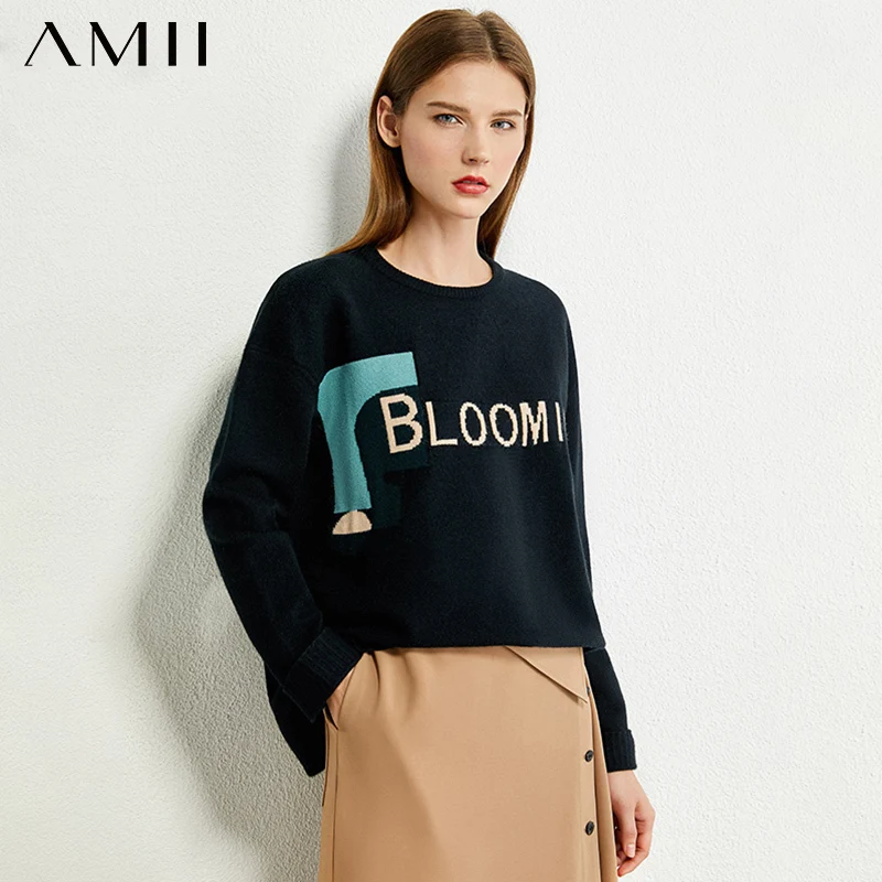 AMII Minimalism Autumn Winter Sweaters For Women Fashion Oneck Letter Loose Oversized Sweater Women's 12070390 | Женская одежда