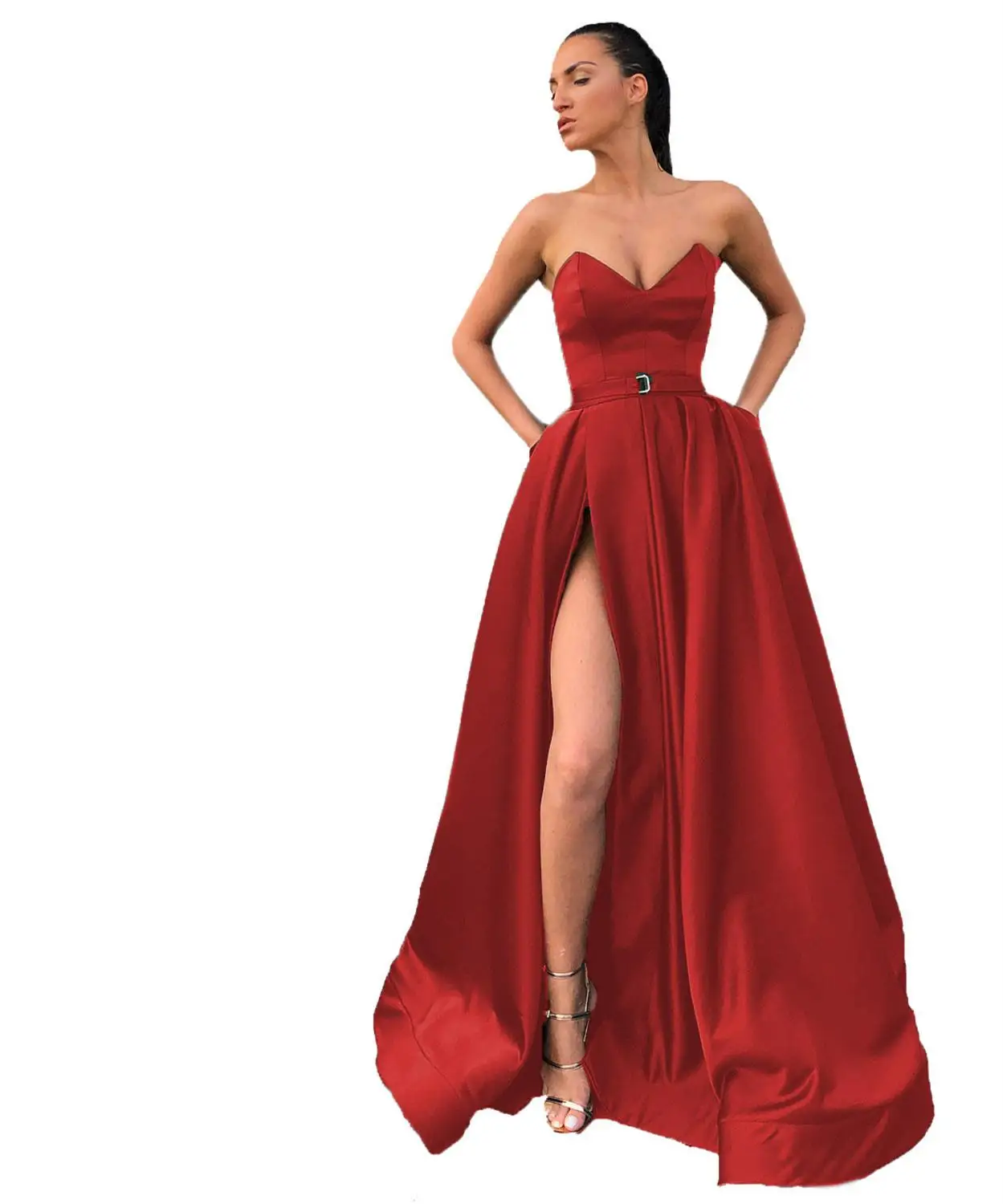 Красный HONGFUYU милое ТРАПЕЦИЕВИДНОЕ сатиновое бальное платье Изумрудное vestido de Baile с разрезом без рукавов vestido de festa Longos Выпускные платья - Цвет: Красный