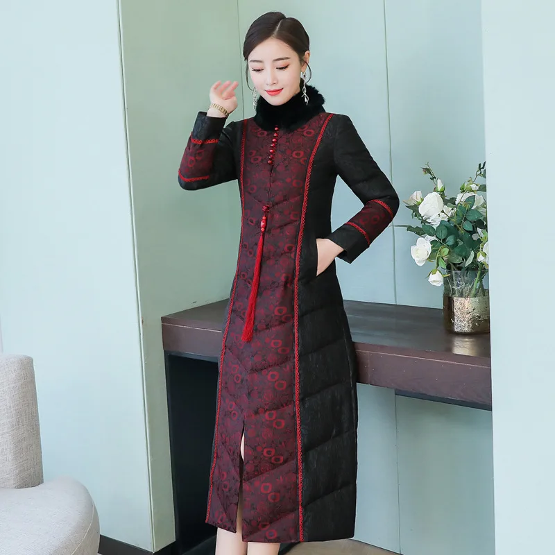 

Nk8039 @ 2019 Silk Retro Mom Warm Slim Fit down Jacket Chinese Style Long Cheongsam Coat