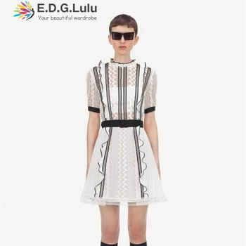 

EDGLuLu 2020 New Arrive High Quality White Lace Patchwork Black Dress Short Sleeve Elegant Summer Runway Woman Party Night 0508