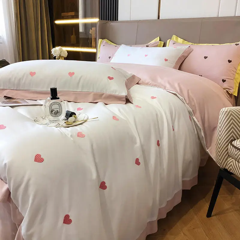 

Midune Light Luxury Cotton Small Love Embroidery Duvet Cover Set Printing Bedding set Queen King size Flat fitted