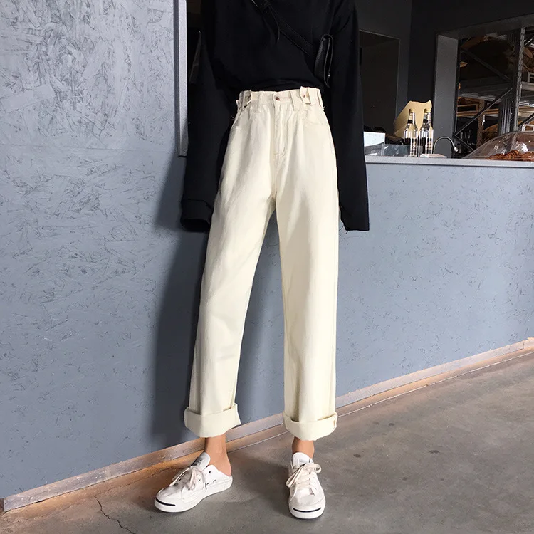 Простые Off-white капри джинсы с высокой талией свободные брюки регулятор прямые брюки женские повседневные брюки