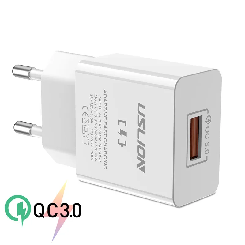 USLION 18 Вт быстрое зарядное устройство для мобильных телефонов USB для быстрой зарядки qc 3,0 EU зарядное устройство со штекером для iPhone Xiaomi samsung huawei адаптер - Тип штекера: White